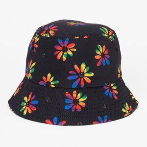 Claires Bucket Hat Black with Rainbow Daisy Smiley Face Youth One Size
